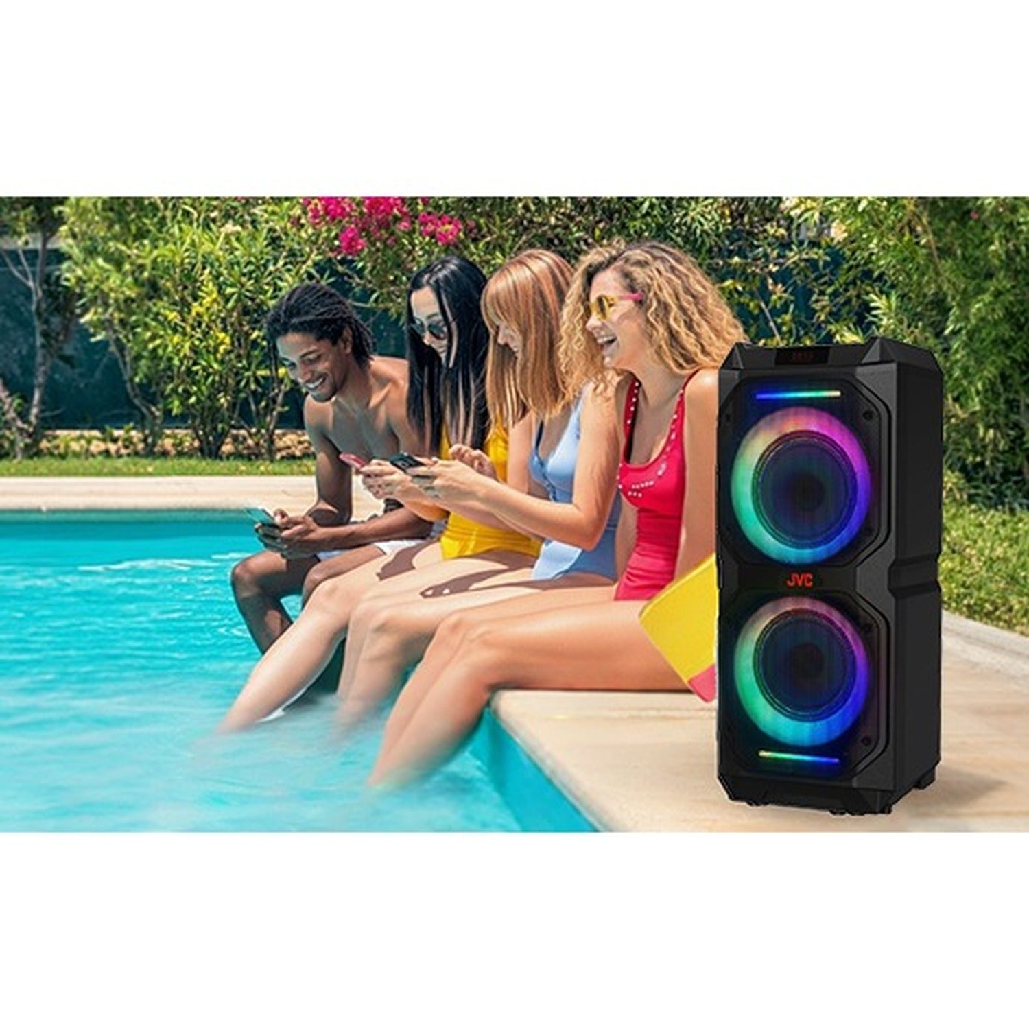 JVC - Haut-Parleur de Fête Sans-Fil Kaboom 120 W, Deux Woofers 8 po, Karaoké et Guitare, Éclairage DEL, IPX5, Noir - Simple Boutique