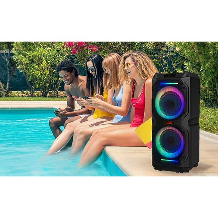 JVC - Haut-Parleur de Fête Sans-Fil Kaboom 120 W, Deux Woofers 8 po, Karaoké et Guitare, Éclairage DEL, IPX5, Noir - Simple Boutique
