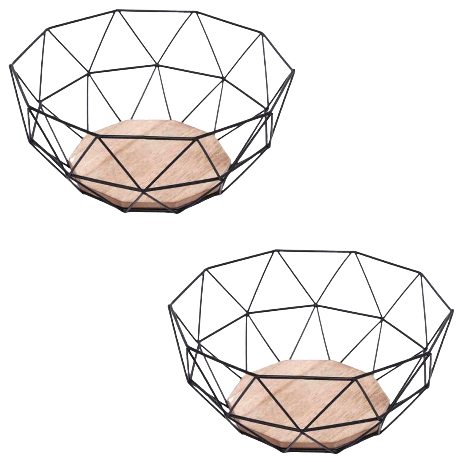 Jessar - Ensemble de 2 Paniers à Fruits en Acier Thermolaqué avec Base en Bambou, Noir - Simple Boutique