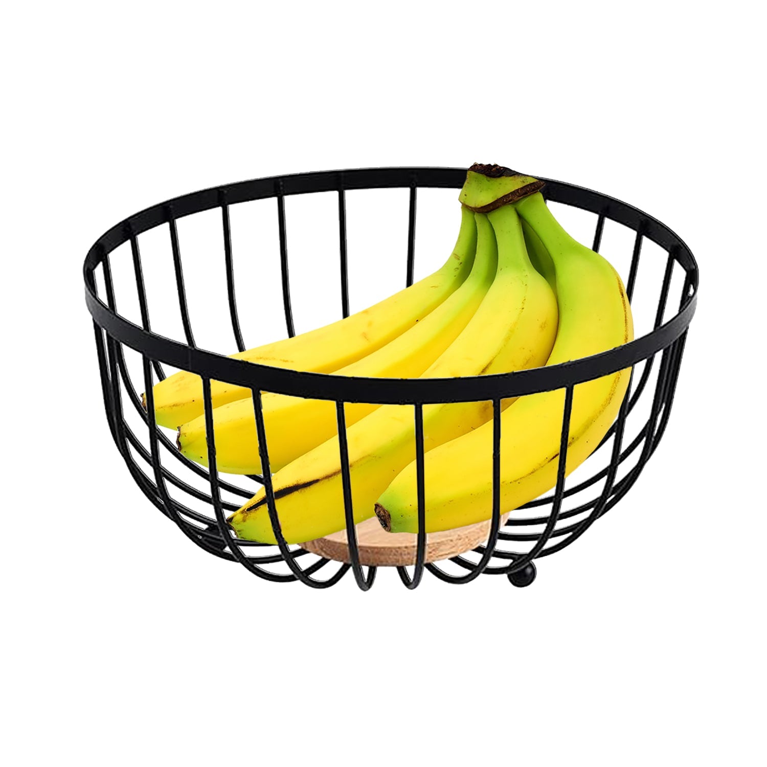 Jessar - Ensemble de 2 Paniers à Fruits en Acier Thermolaqué avec Base en Hévéa, Noir - Simple Boutique