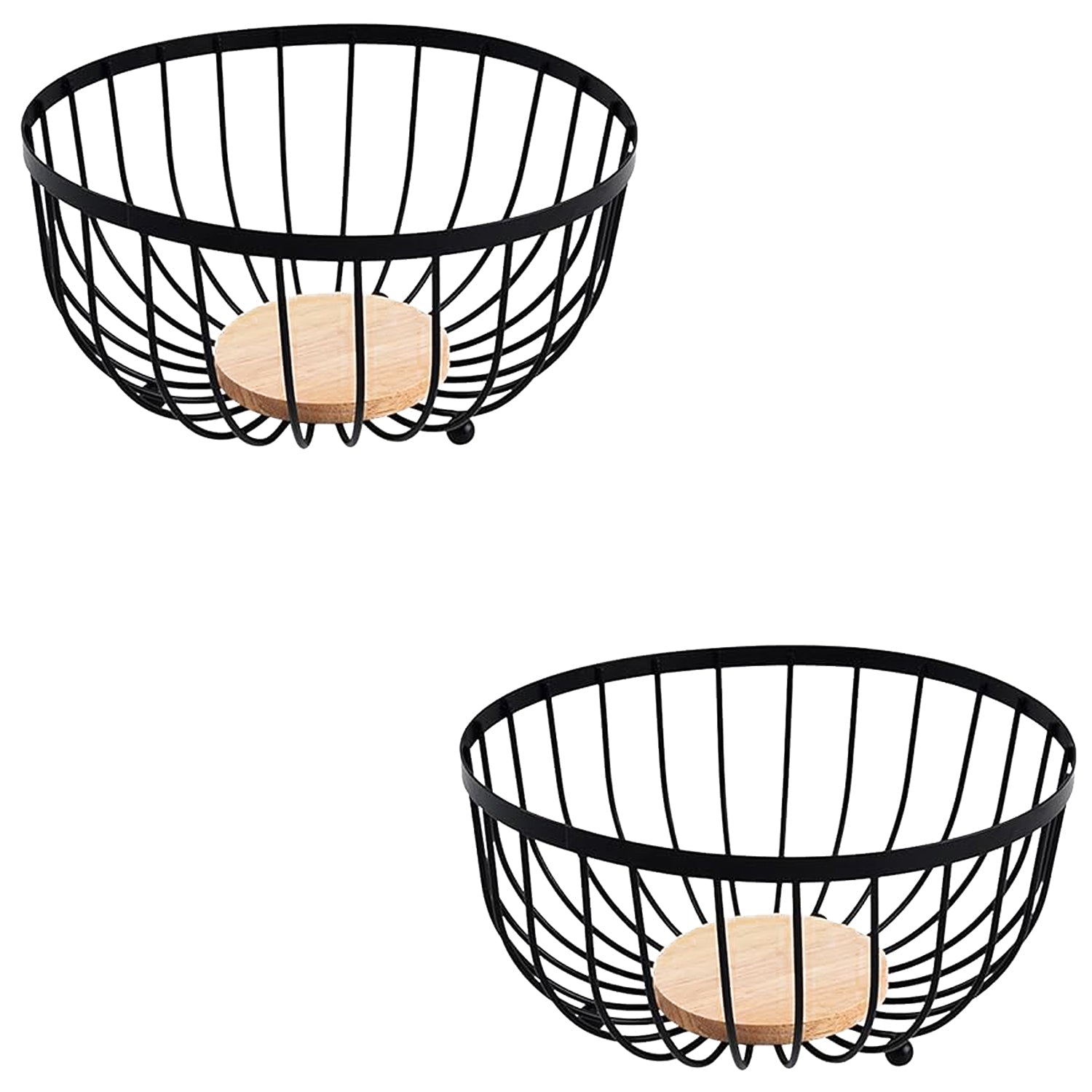 Jessar - Ensemble de 2 Paniers à Fruits en Acier Thermolaqué avec Base en Hévéa, Noir - Simple Boutique