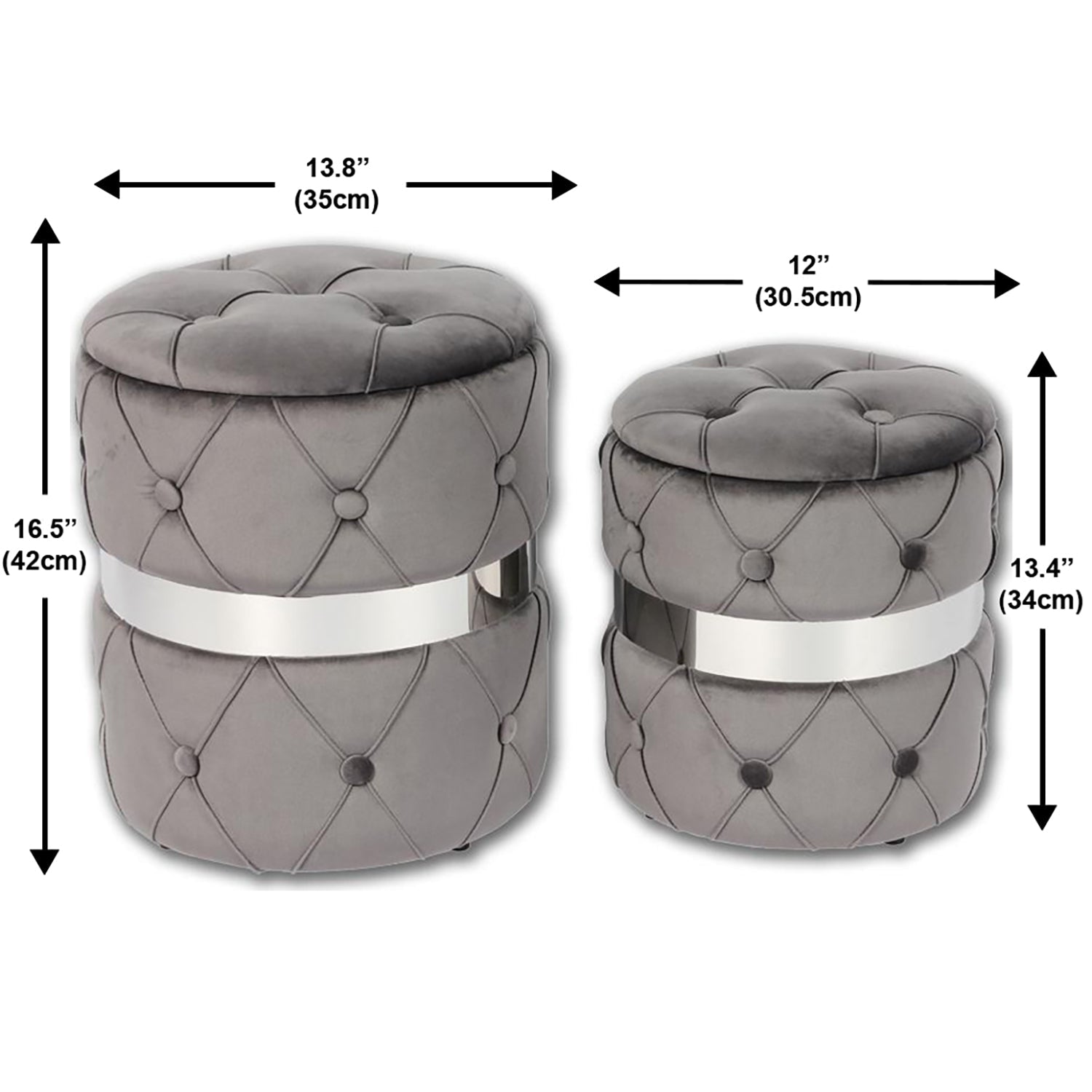 Jessar - Ottomane/Repose-Pied Rond avec Rangement, De la Collection Baron, Esemble de 2, Velours Gris - Simple Boutique