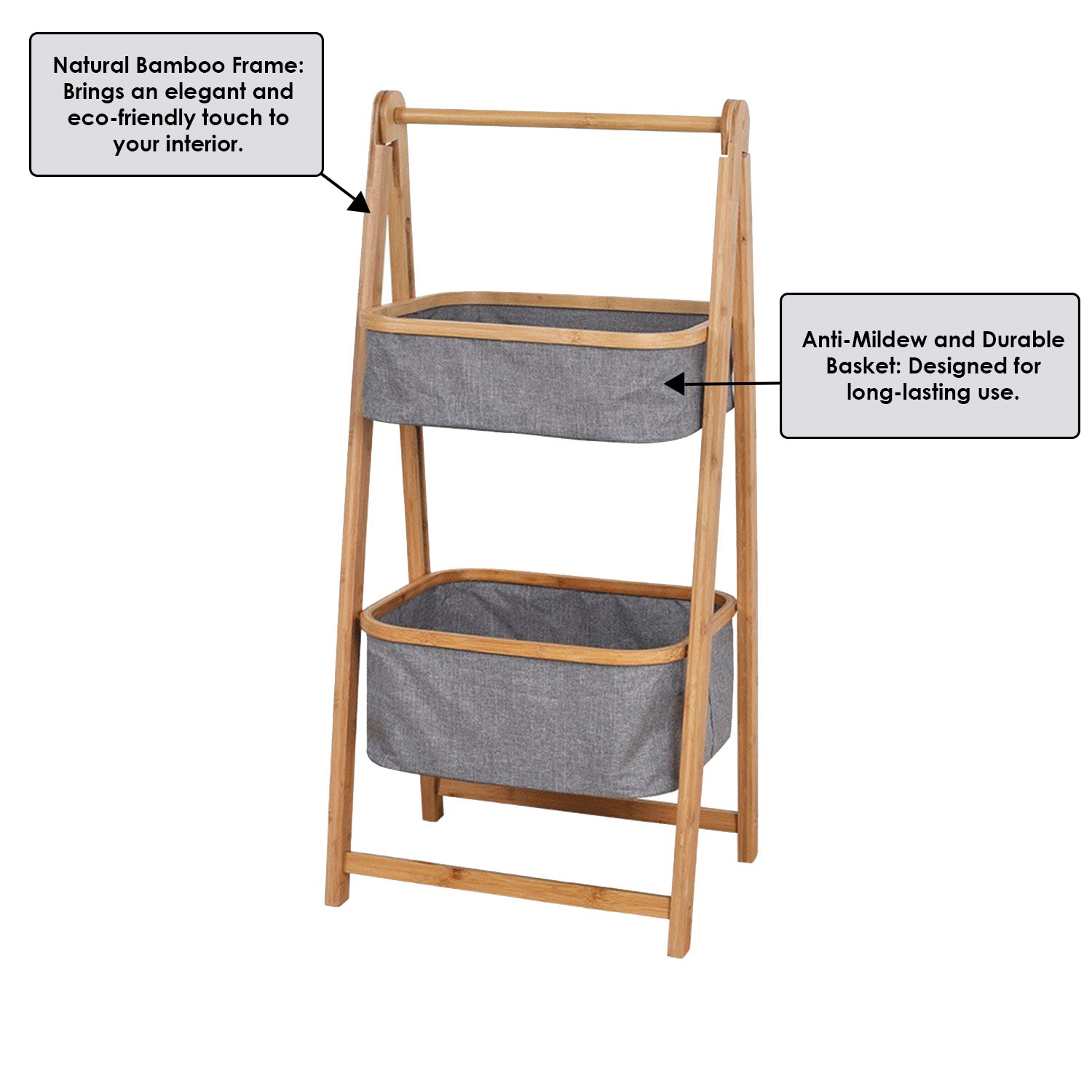 Jessar - Panier à Linge à 2 Niveaux, Cadre en Bambou, Gris - Simple Boutique