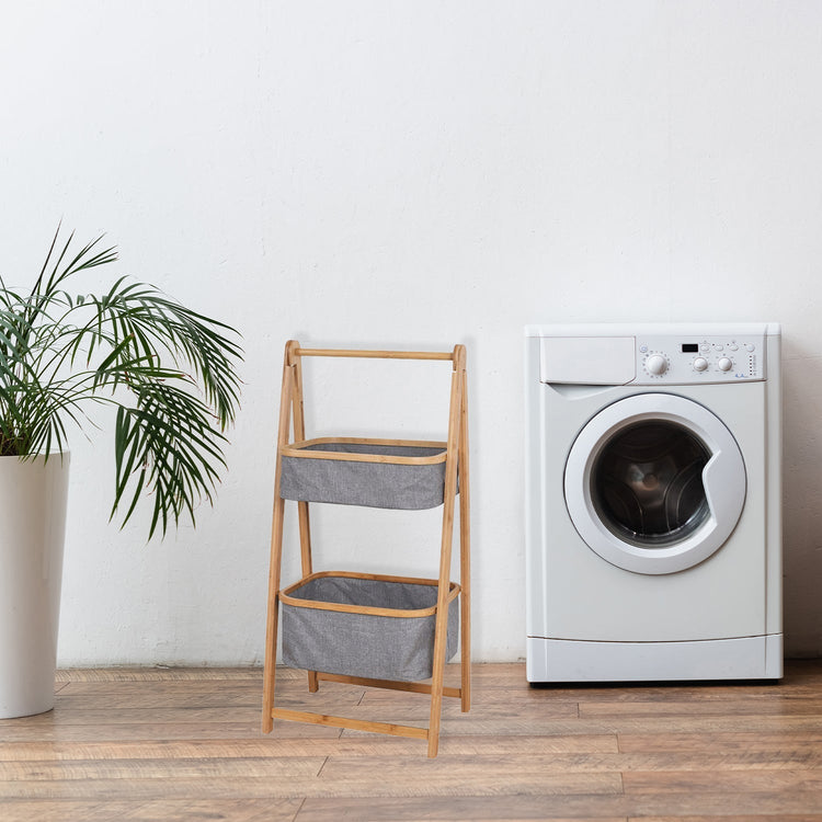 Jessar - Panier à Linge à 2 Niveaux, Cadre en Bambou, Gris - Simple Boutique