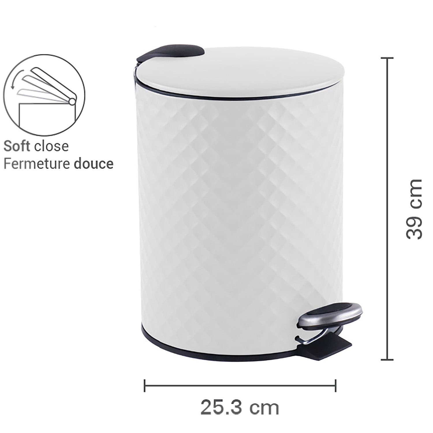 Jessar - Poubelle à Pédale, Capacité de 12 Litres, Fermeture Douce, Blanc - Simple Boutique