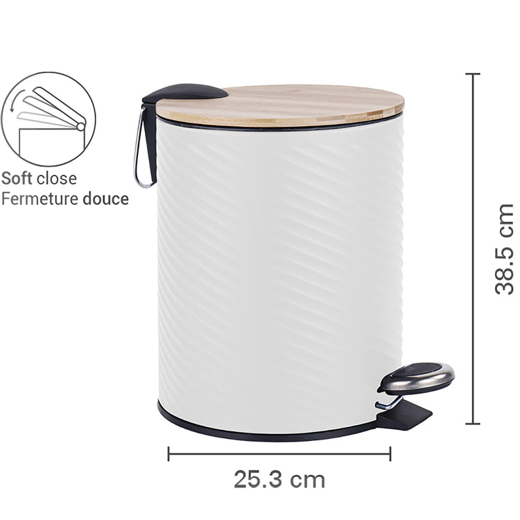 Jessar - Poubelle à Pédale, Capacité de 12 Litres, Fermeture Douce, Couvercle en Bambou, Blanc - Simple Boutique