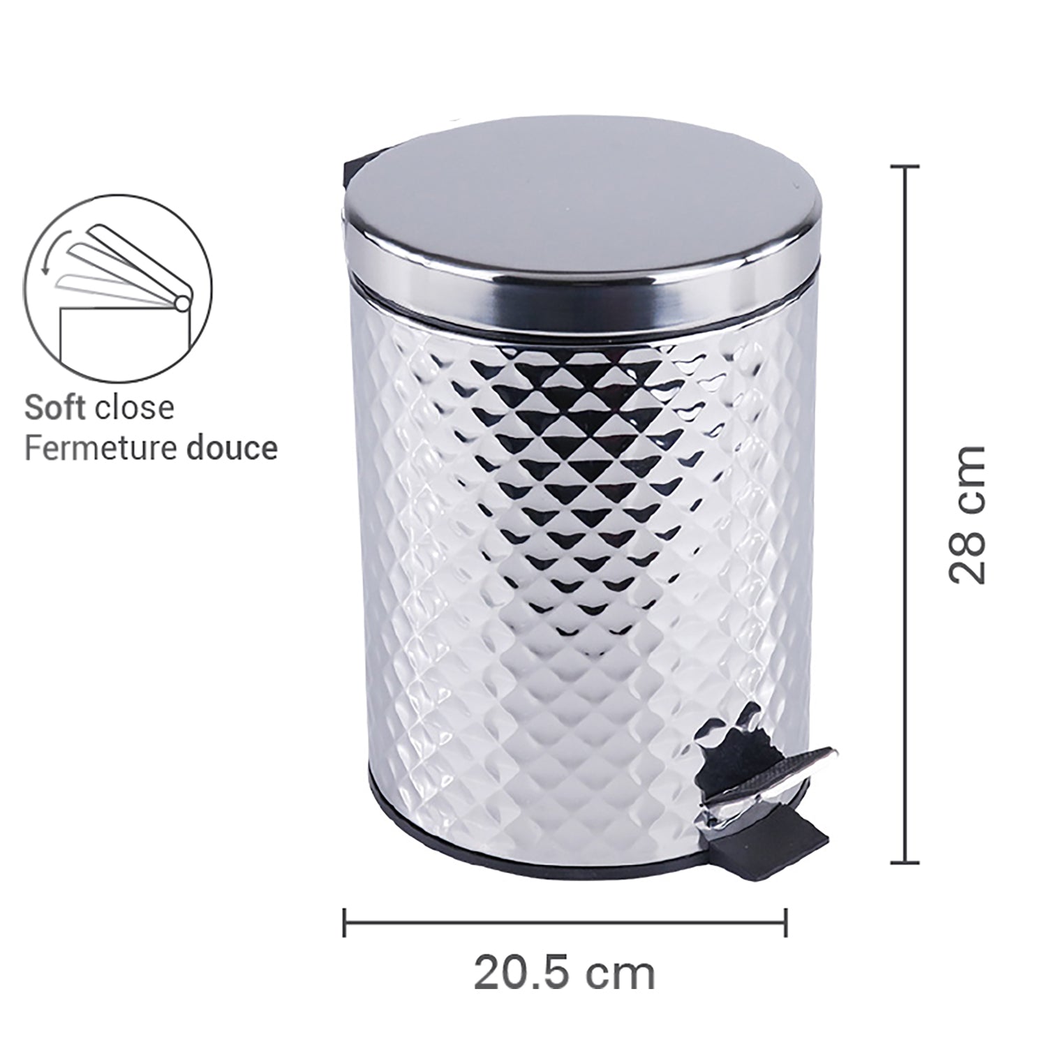 Jessar - Poubelle à Pédale, Capacité de 5 Litres, Fermeture Douce, Argent - Simple Boutique