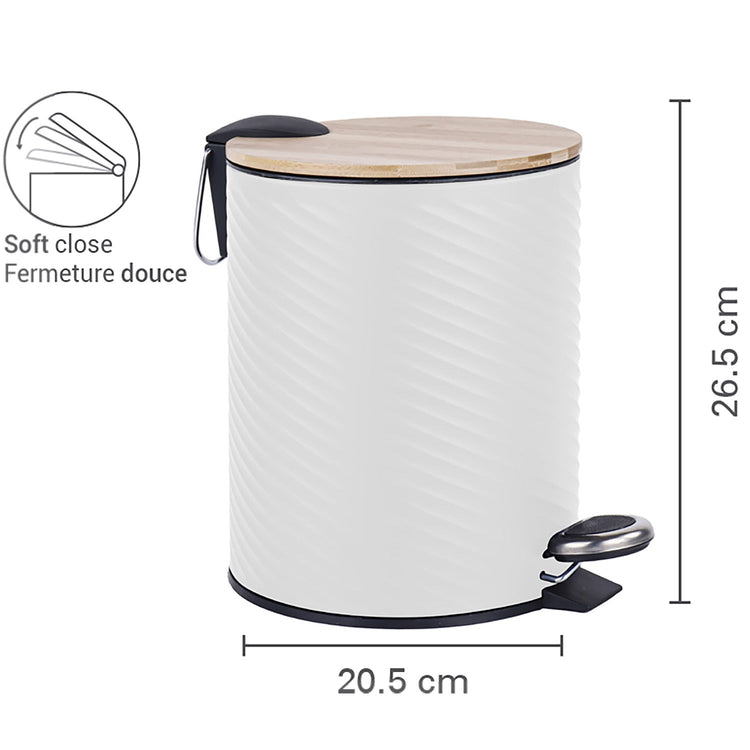 Jessar - Poubelle à Pédale, Capacité de 5 Litres, Fermeture Douce, Couvercle en Bambou, Blanc - Simple Boutique