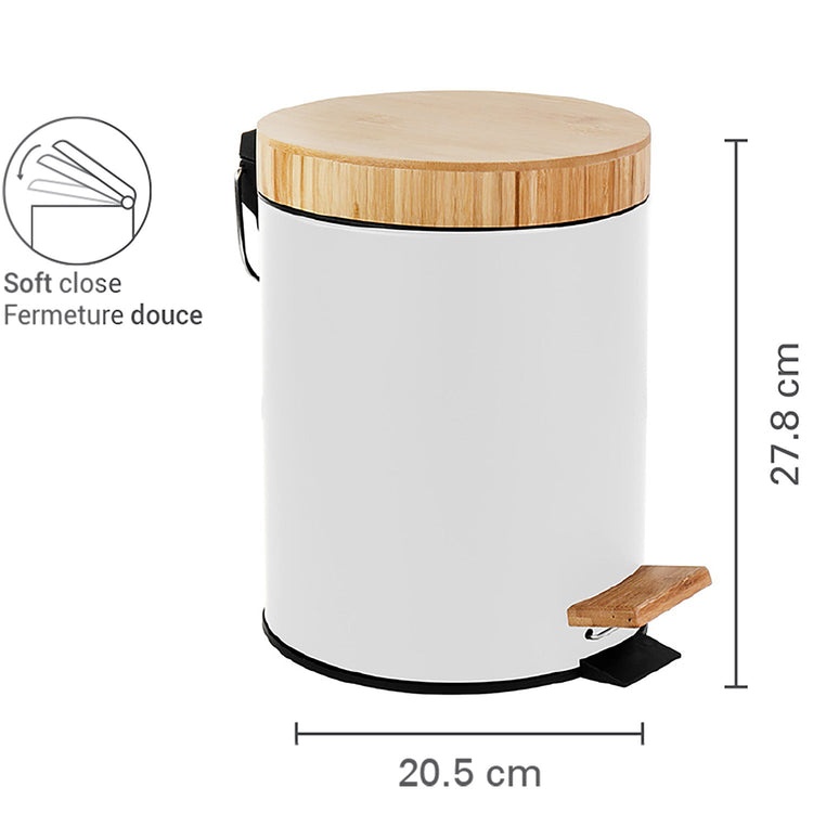 Jessar - Poubelle à Pédale, Capacité de 5 Litres, Fermeture Douce, Couvercle en Bambou, Blanc - Simple Boutique