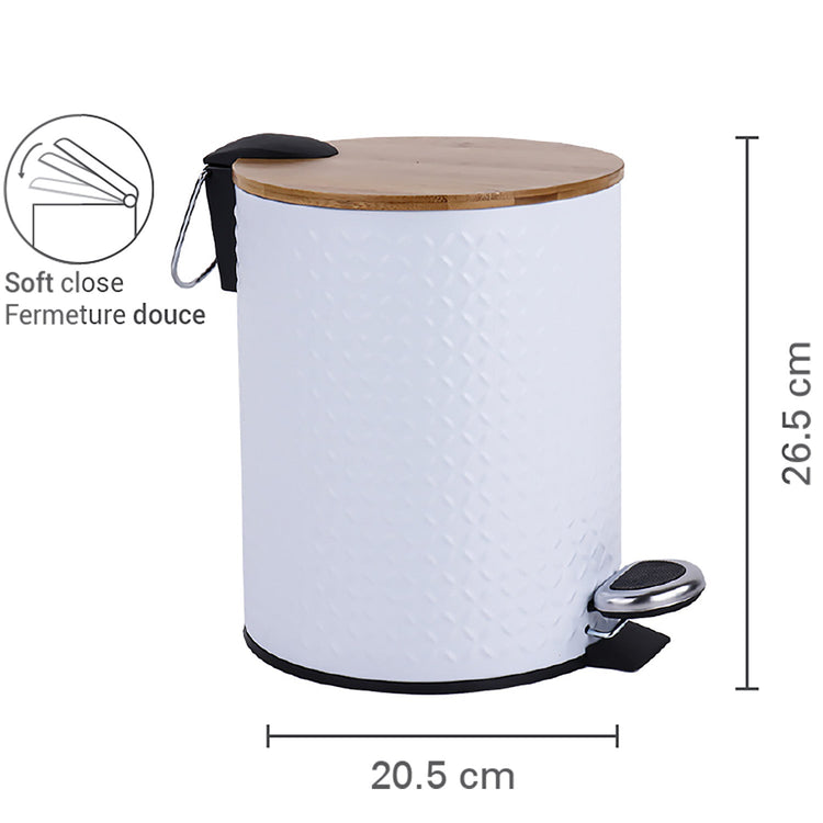 Jessar - Poubelle à Pédale, Capacité de 5 Litres, Fermeture Douce, Couvercle en Bambou, Blanc - Simple Boutique