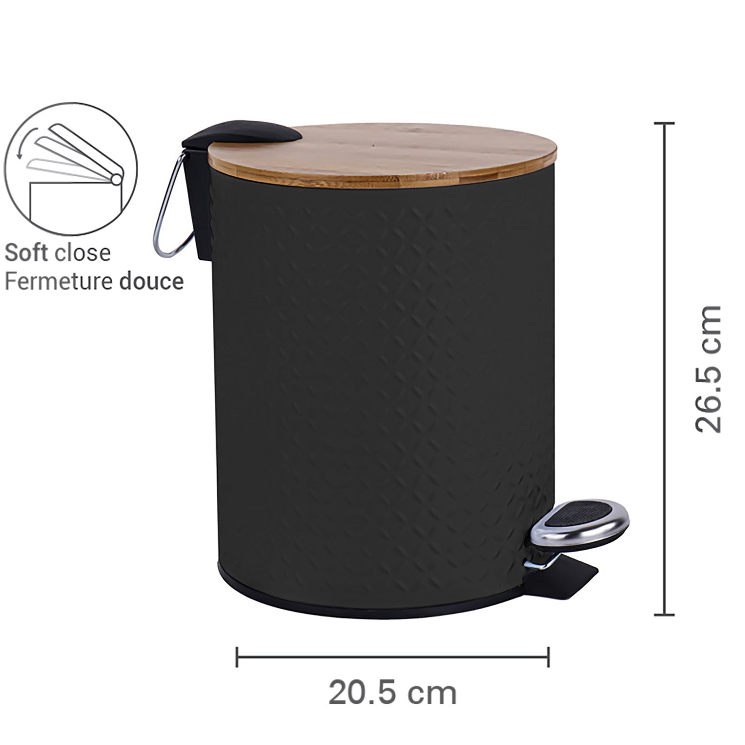 Jessar - Poubelle à Pédale, Capacité de 5 Litres, Fermeture Douce, Couvercle en Bambou, Noir - Simple Boutique