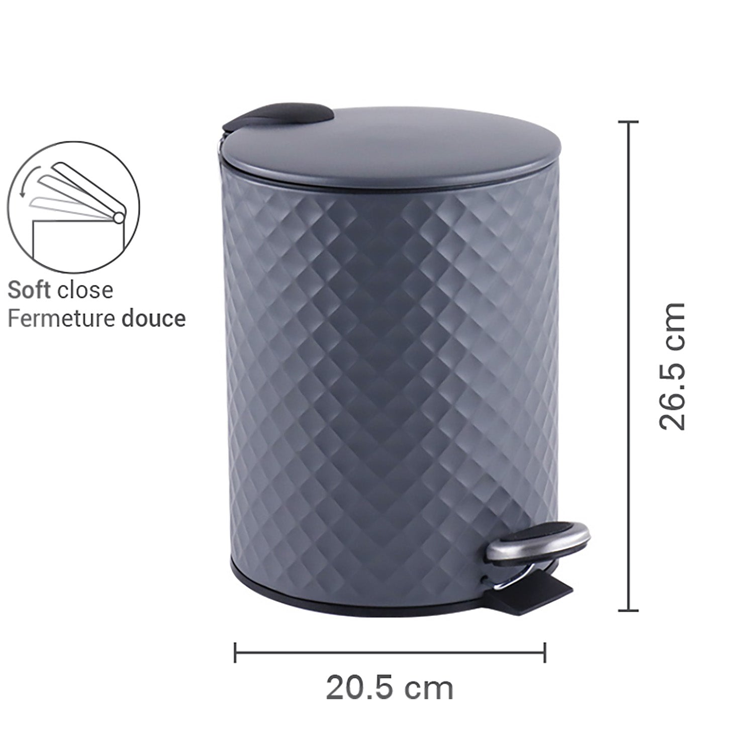 Jessar - Poubelle à Pédale, Capacité de 5 Litres, Fermeture Douce, Gris - Simple Boutique