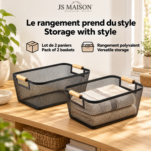 Js Maison Panier grande taille en grillage de fer thermolaqué avec poignée en bouleau - lot de 2 - Simple Boutique