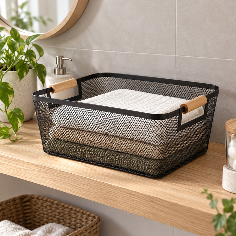 Js Maison Panier grande taille en grillage de fer thermolaqué avec poignée en bouleau - lot de 2 - Simple Boutique