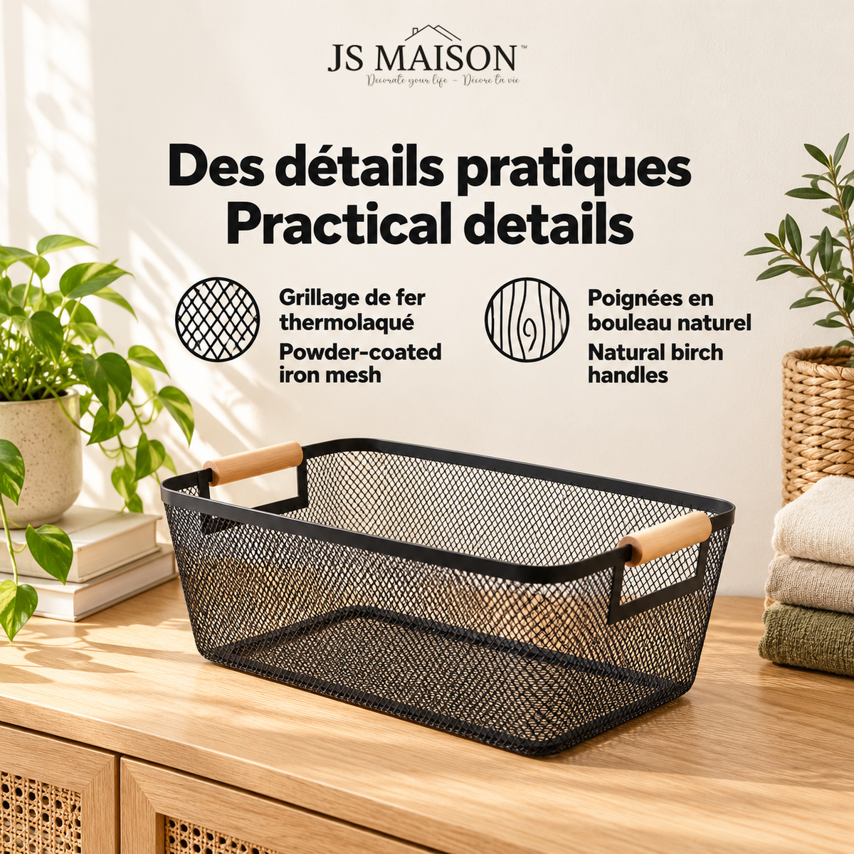 Js Maison Panier grande taille en grillage de fer thermolaqué avec poignée en bouleau - lot de 2 - Simple Boutique