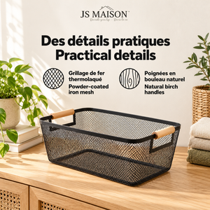 Js Maison Panier grande taille en grillage de fer thermolaqué avec poignée en bouleau - lot de 2 - Simple Boutique