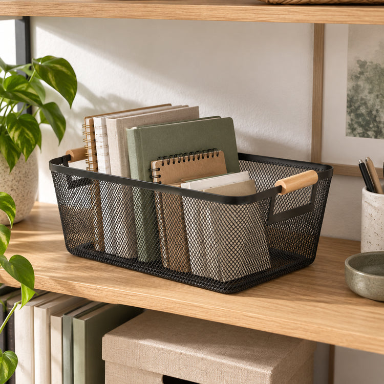 Js Maison Panier grande taille en grillage de fer thermolaqué avec poignée en bouleau - lot de 2 - Simple Boutique