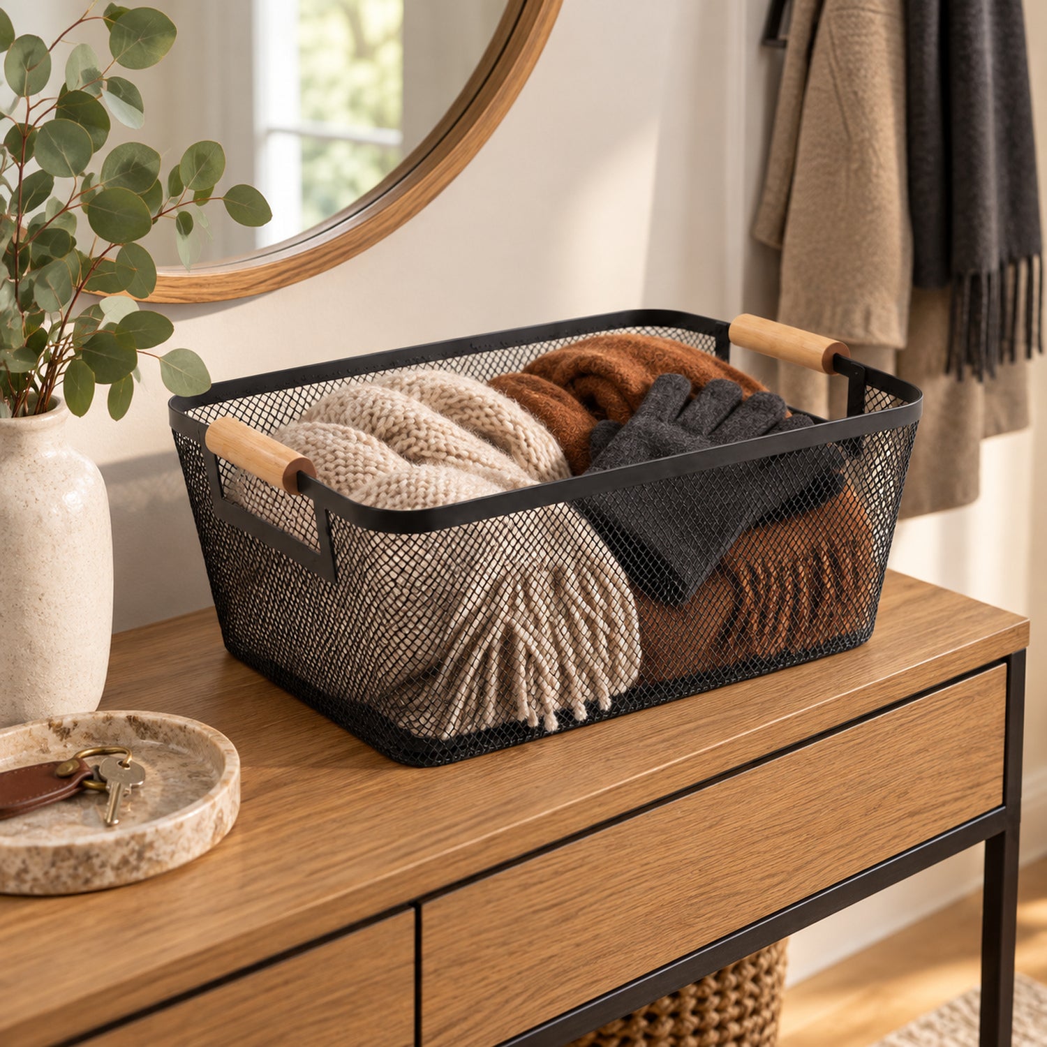 Js Maison Panier grande taille en grillage de fer thermolaqué avec poignée en bouleau - lot de 2 - Simple Boutique