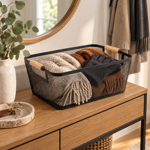 Js Maison Panier grande taille en grillage de fer thermolaqué avec poignée en bouleau - lot de 2 - Simple Boutique