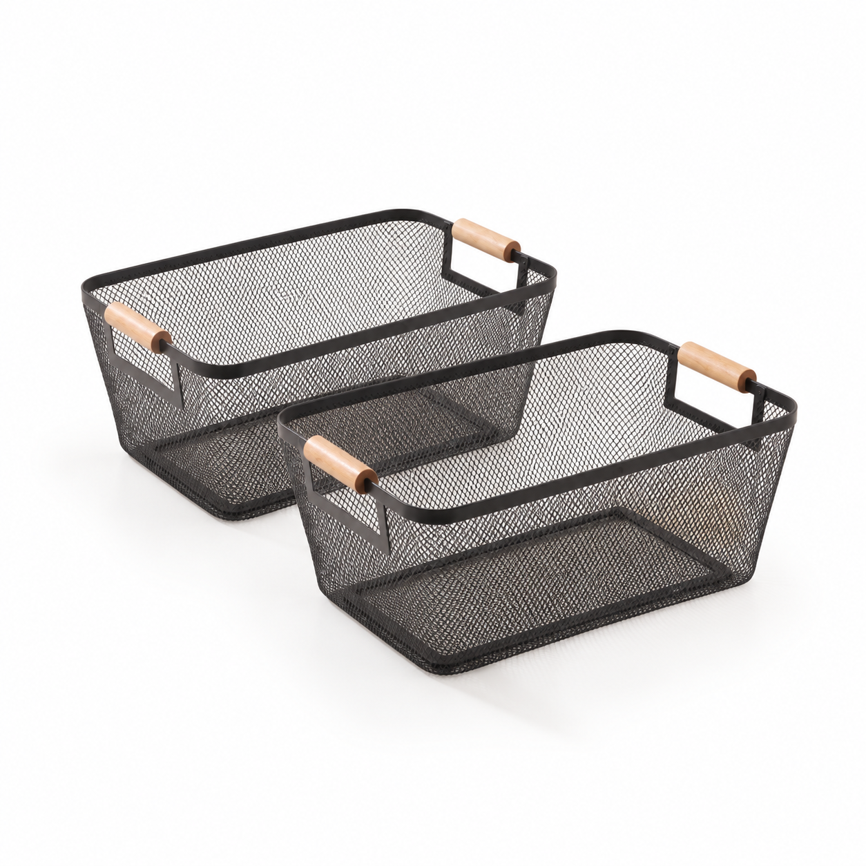 Js Maison Panier grande taille en grillage de fer thermolaqué avec poignée en bouleau - lot de 2 - Simple Boutique