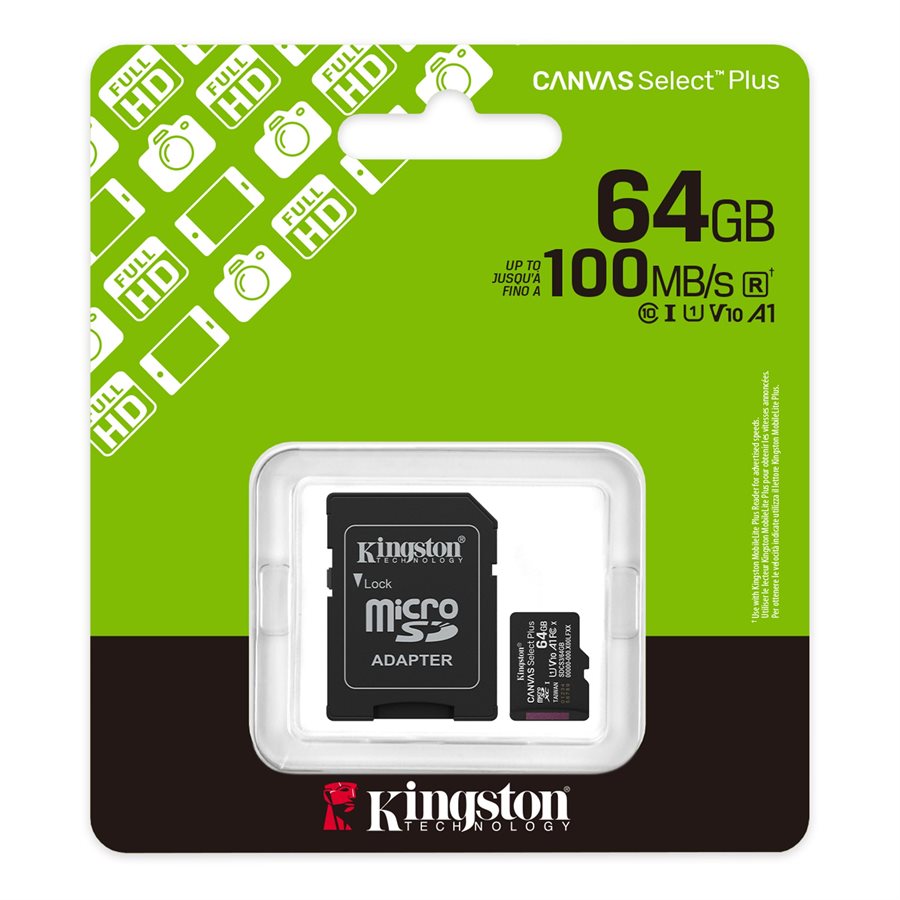 Kingston Carte Micro SD 64GB Canvas Select Plus 100R A1 C10 Carte + Adapteur - Simple Boutique