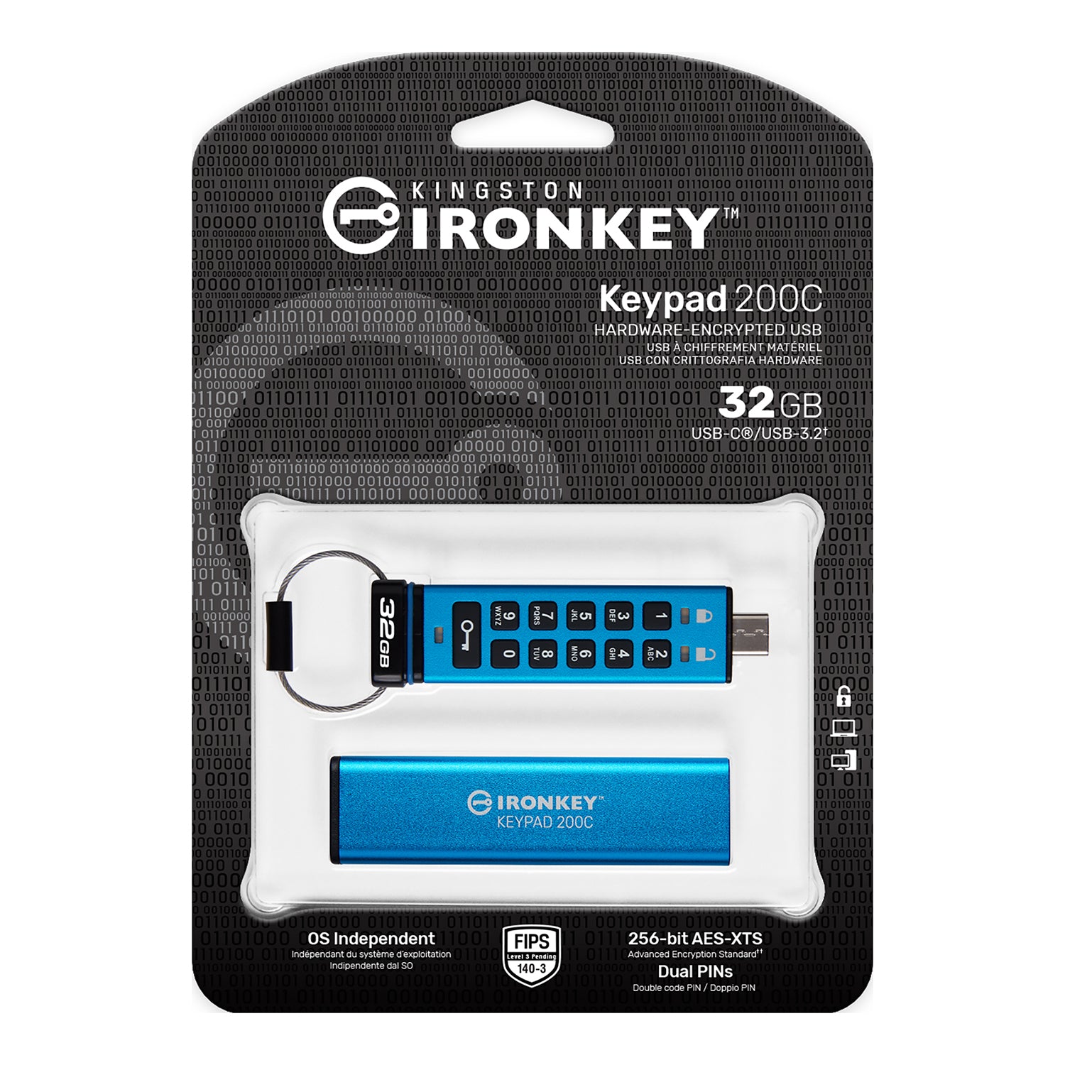 Kingston - Clé USB-C à Cryptage IronKey Keypad série 200, Certifié FIPS 140-3 Niveau 3 (en attente), Capacité de 32 Go - Simple Boutique