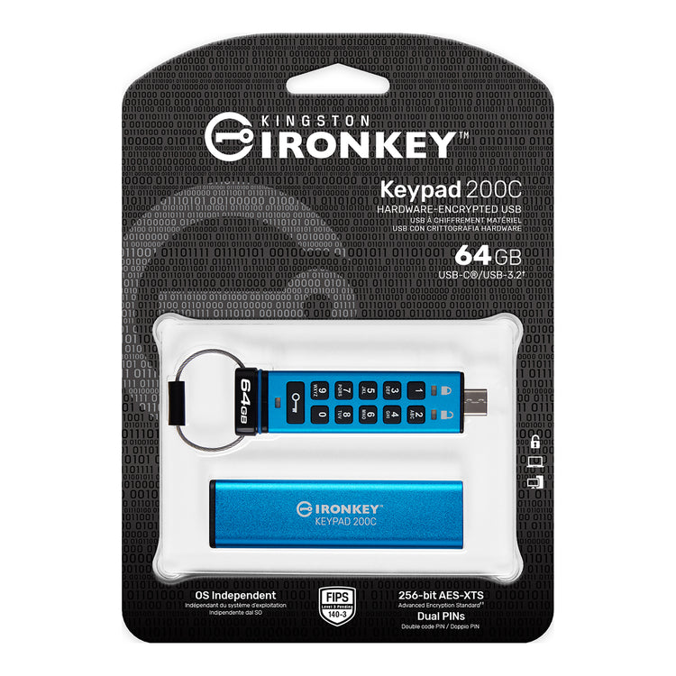 Kingston - Clé USB-C à Cryptage IronKey Keypad série 200, Certifié FIPS 140-3 Niveau 3 (en attente), Capacité de 64 Go - Simple Boutique