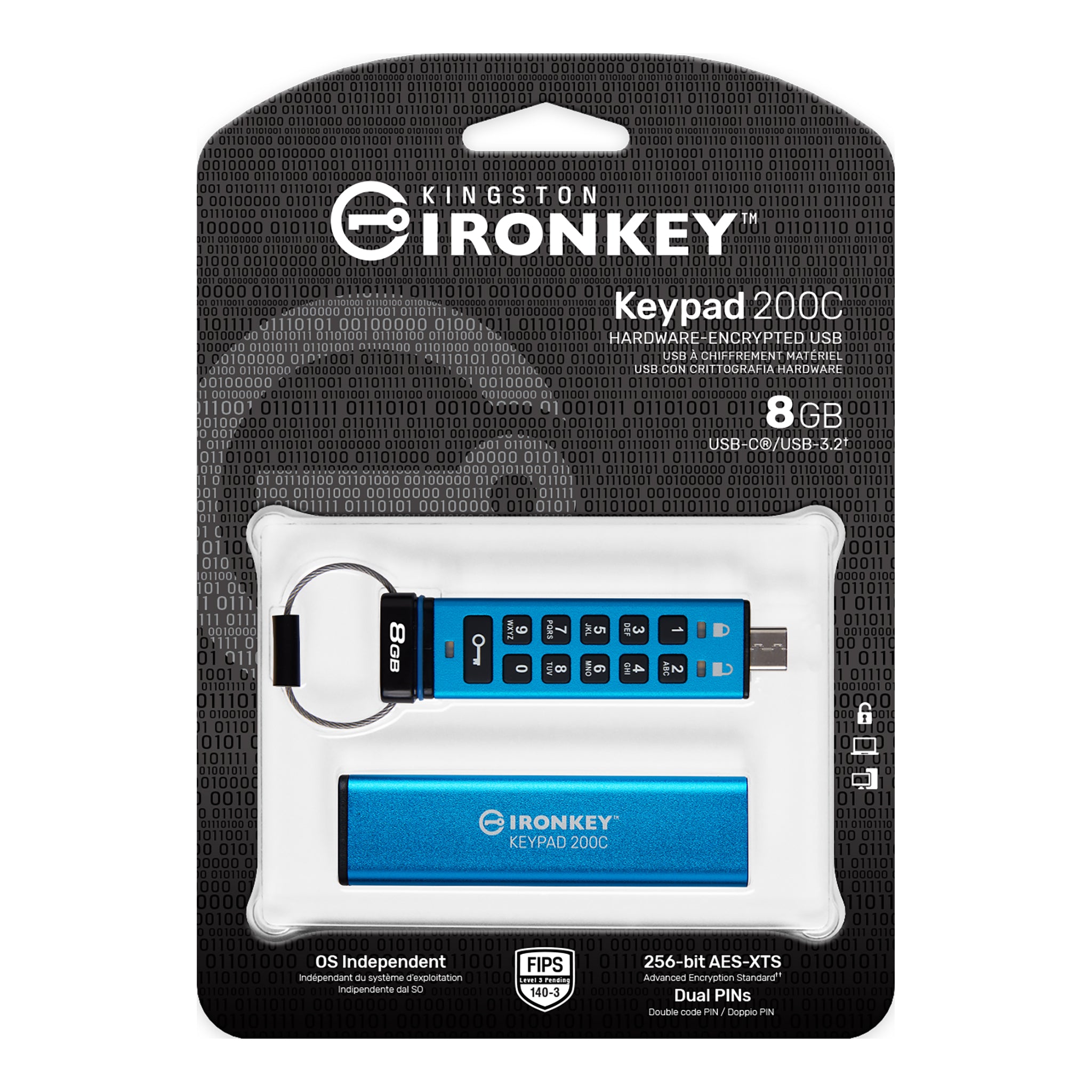 Kingston - Clé USB-C à Cryptage IronKey Keypad série 200, Certifié FIPS 140-3 Niveau 3 (en attente), Capacité de 8 Go - Simple Boutique