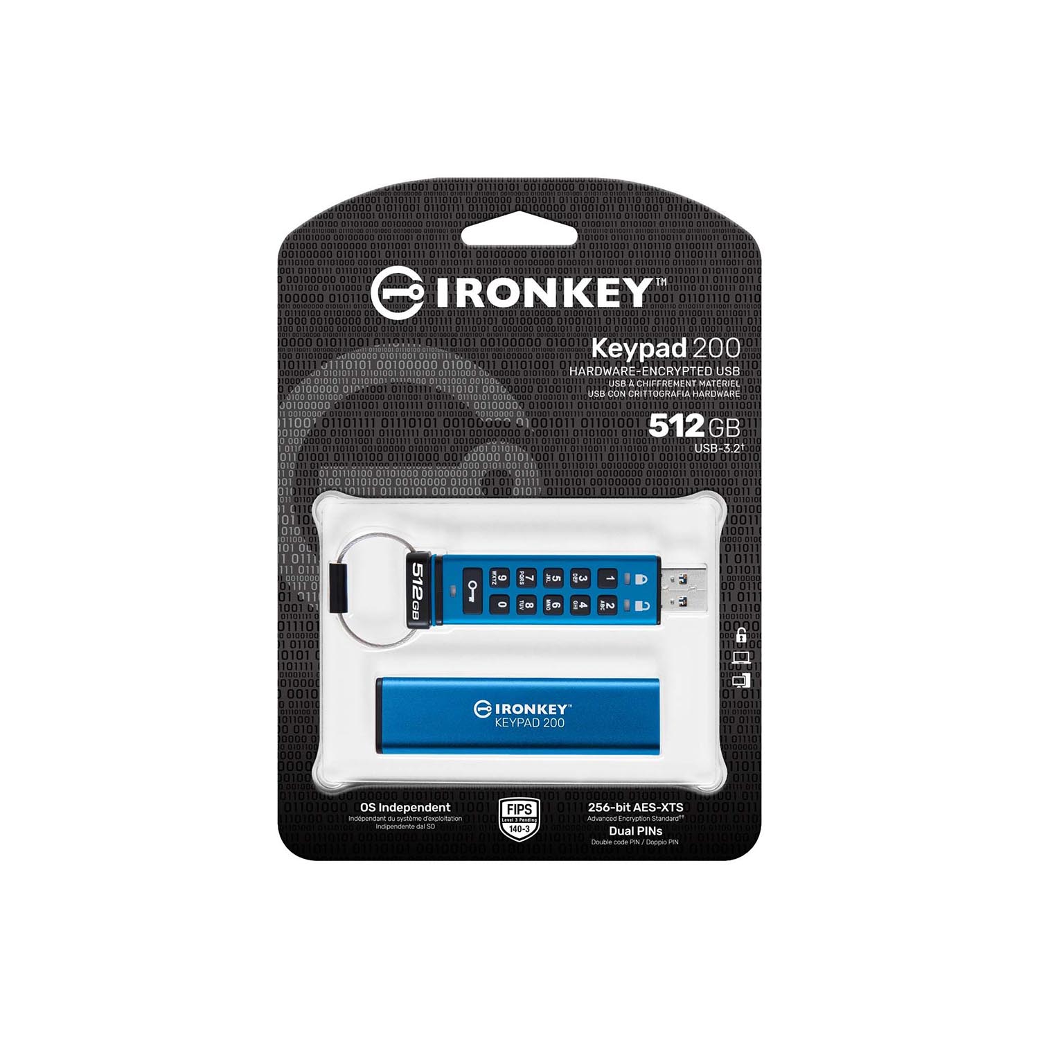 Kingston - Clé USB à Cryptage IronKey Keypad série 200, Certifié FIPS 140-3 Niveau 3, Capacité de 512 Go - Simple Boutique