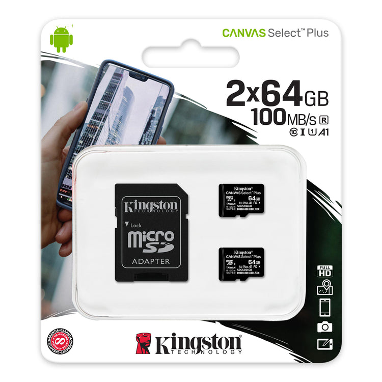 Kingston - Lot de 2 Cartes Mémoires microSD Canvas Select Plus, 100R A1 C10, Capacité de 64 Go - Simple Boutique