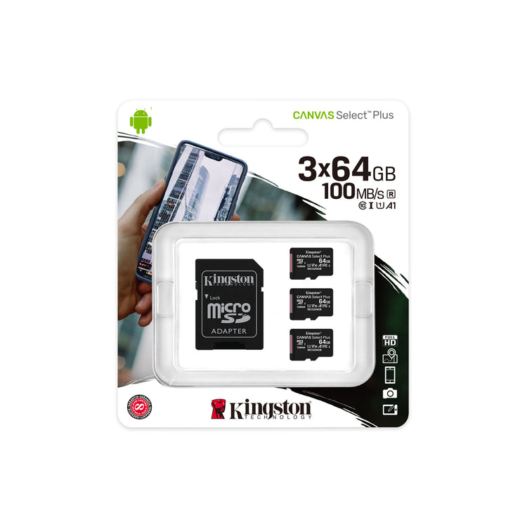 Kingston - Lot de 3 Cartes Mémoires microSD Canvas Select Plus, 100R A1 C10, Capacité de 64 Go - Simple Boutique