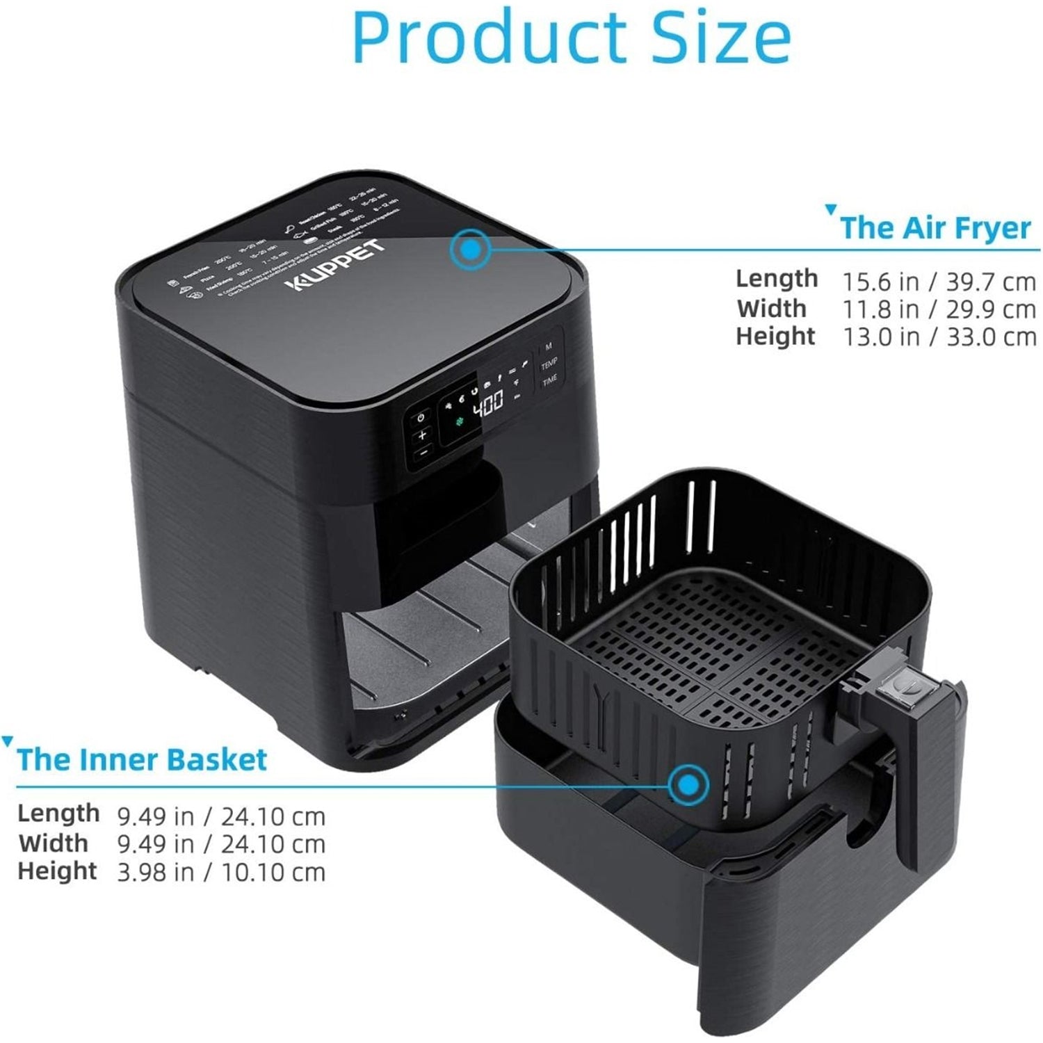 Kuppet - Friteuse à Air avec 7 Préréglages, Capacité de 5.8 Litres, 1700 Watts, Panier Anti-Adhésif, Noir - Simple Boutique