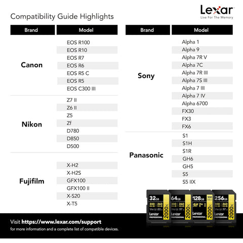 Lexar - Carte SDXC UHS-II 2000X Professional, Jusqu'à 300 Mo/s en Lecture, Capacité de 128GO