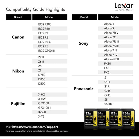 Lexar - Carte SDXC UHS-II 2000X Professional, Jusqu'à 300 Mo/s en Lecture, Capacité de 256GO