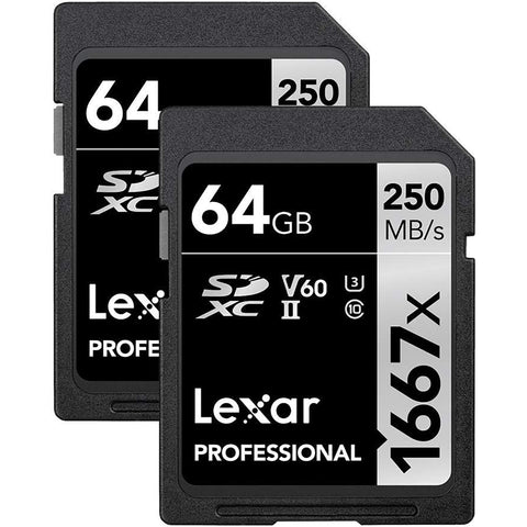 Lexar - Lot de 2 Cartes SDXC UHS-II/U3 1667X Professional, Jusqu'à 250 Mo/s de Lecture, Capacité de 64GO