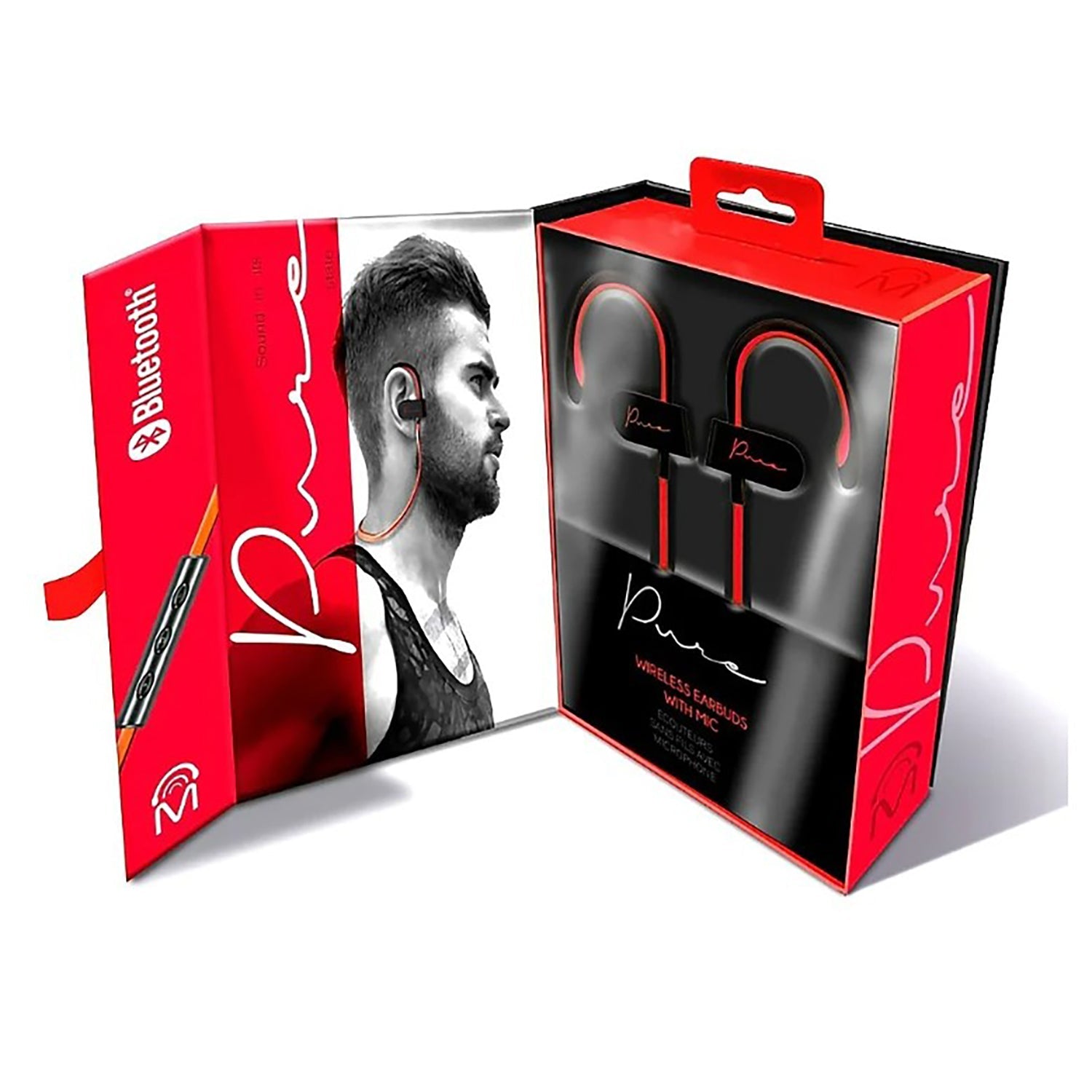M - Écouteurs Sans-Fil Intra-Auriculaires Pure avec Clip D'oreille, Télécommande et Microphone Intrégré, Rouge - Simple Boutique