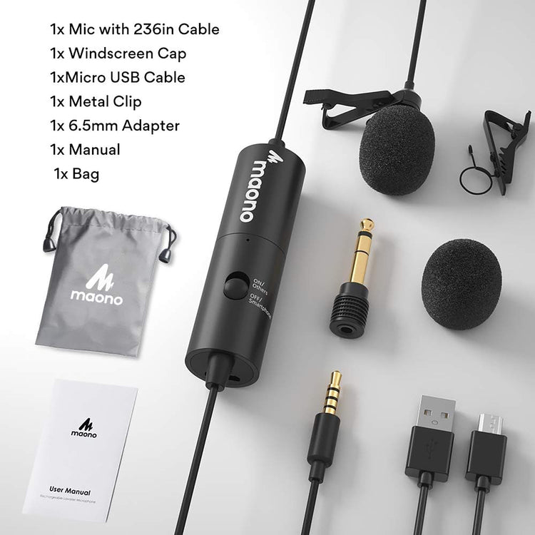 Maono - Microphone Cravate Omnidirectionel Rechargeable, Autonomie de 90 Heures, Noir - Simple Boutique