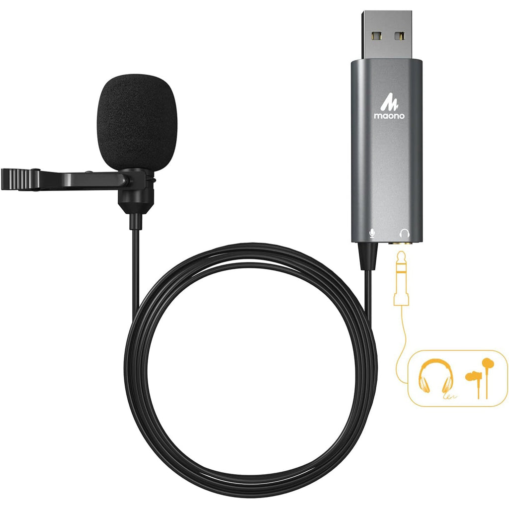 Maono - Microphone Cravate USB Omnidirectionel avec Prise Audio pour Casque, Noir