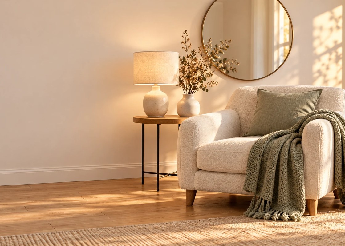 Fauteuil, lampe de table allumée, table d'appoint et miroir rond dans un salon chaleureux