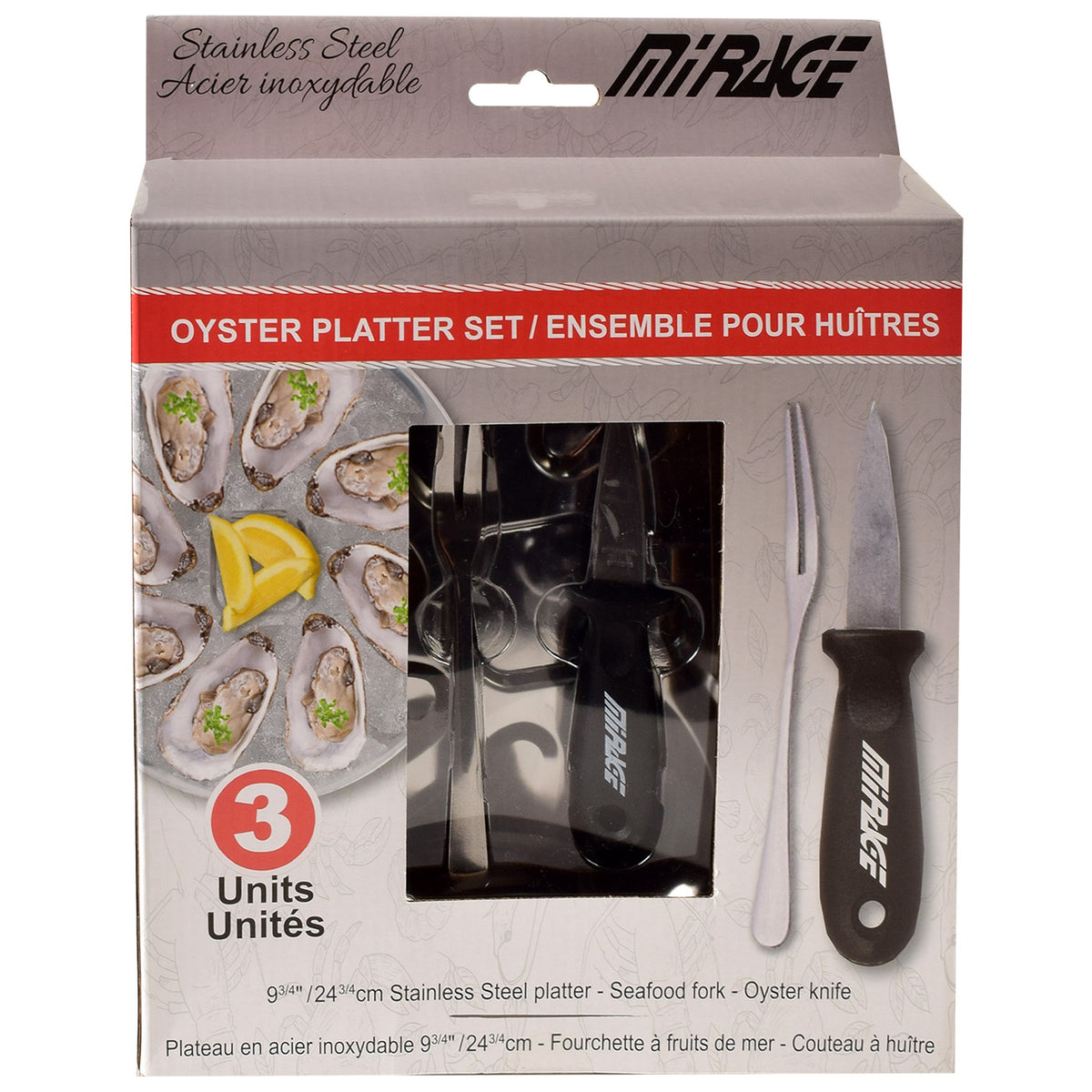 Mirage Ensemble pour Huîtres avec Plateau en Acier Inoxydable, Fourchette et Couteau à Huîtres - Simple Boutique