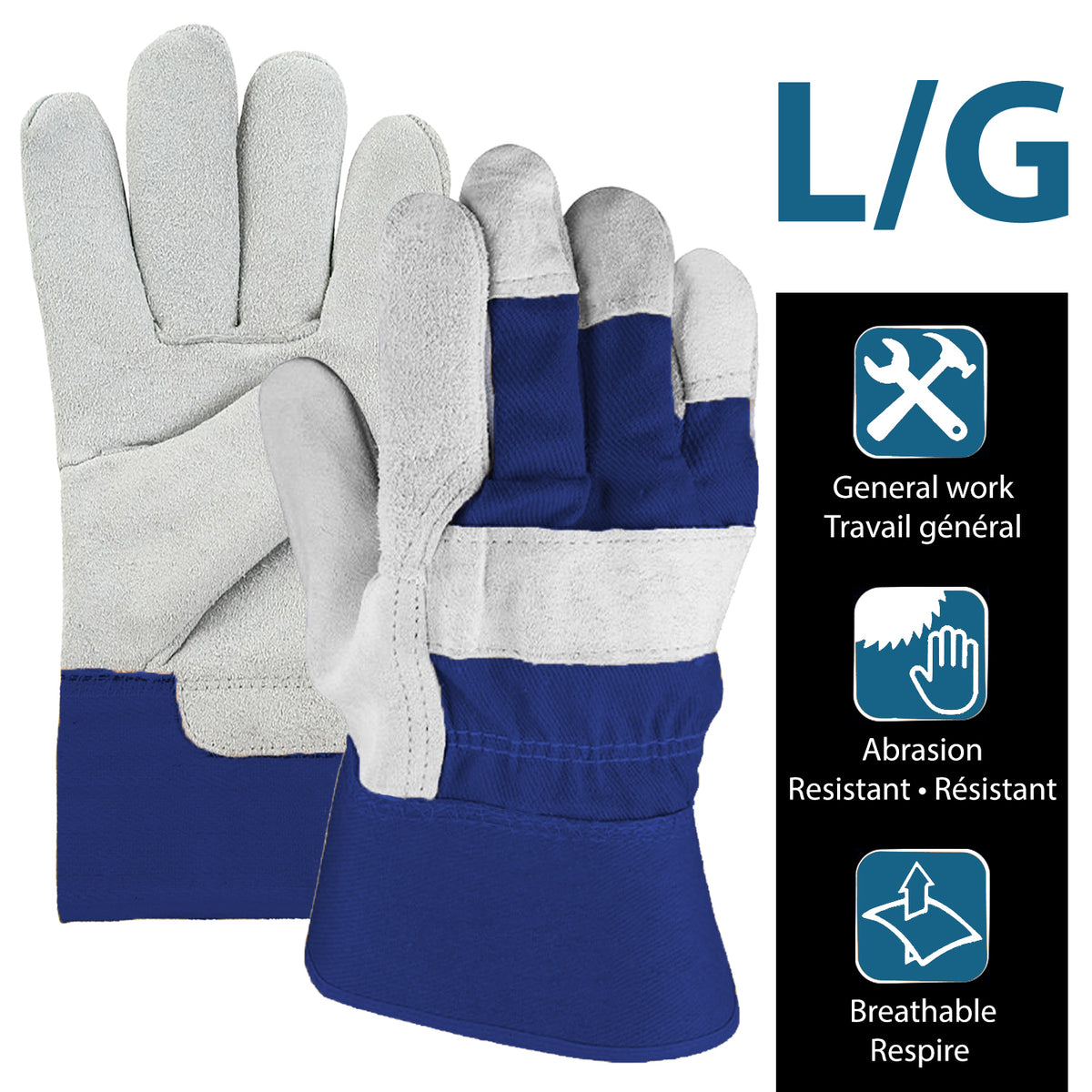 Mirage Gants de travail en cuir de vache fendu doublés, grand, bleu, Lot de 2 - Simple Boutique