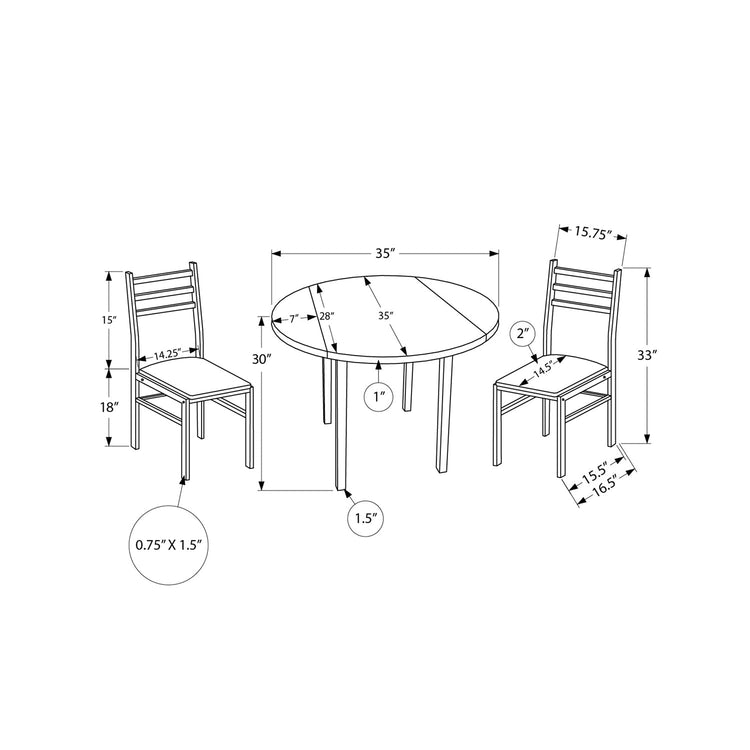 Monarch Specialties I 1011 - Ensemble De Table À Manger, Ensemble 3pcs, Petit, Tablette Rabattante 35", Cuisine, Métal Blanc Et Laminé, Tissu Gris, Contemporain, Moderne - Simple Boutique