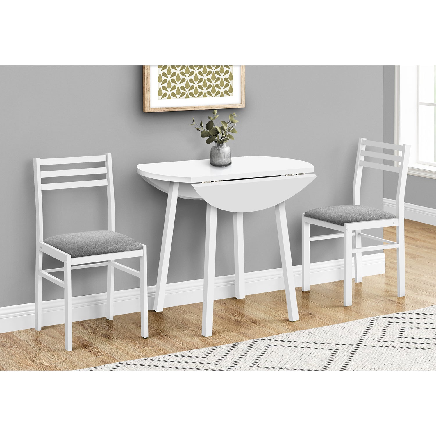 Monarch Specialties I 1011 - Ensemble De Table À Manger, Ensemble 3pcs, Petit, Tablette Rabattante 35", Cuisine, Métal Blanc Et Laminé, Tissu Gris, Contemporain, Moderne - Simple Boutique