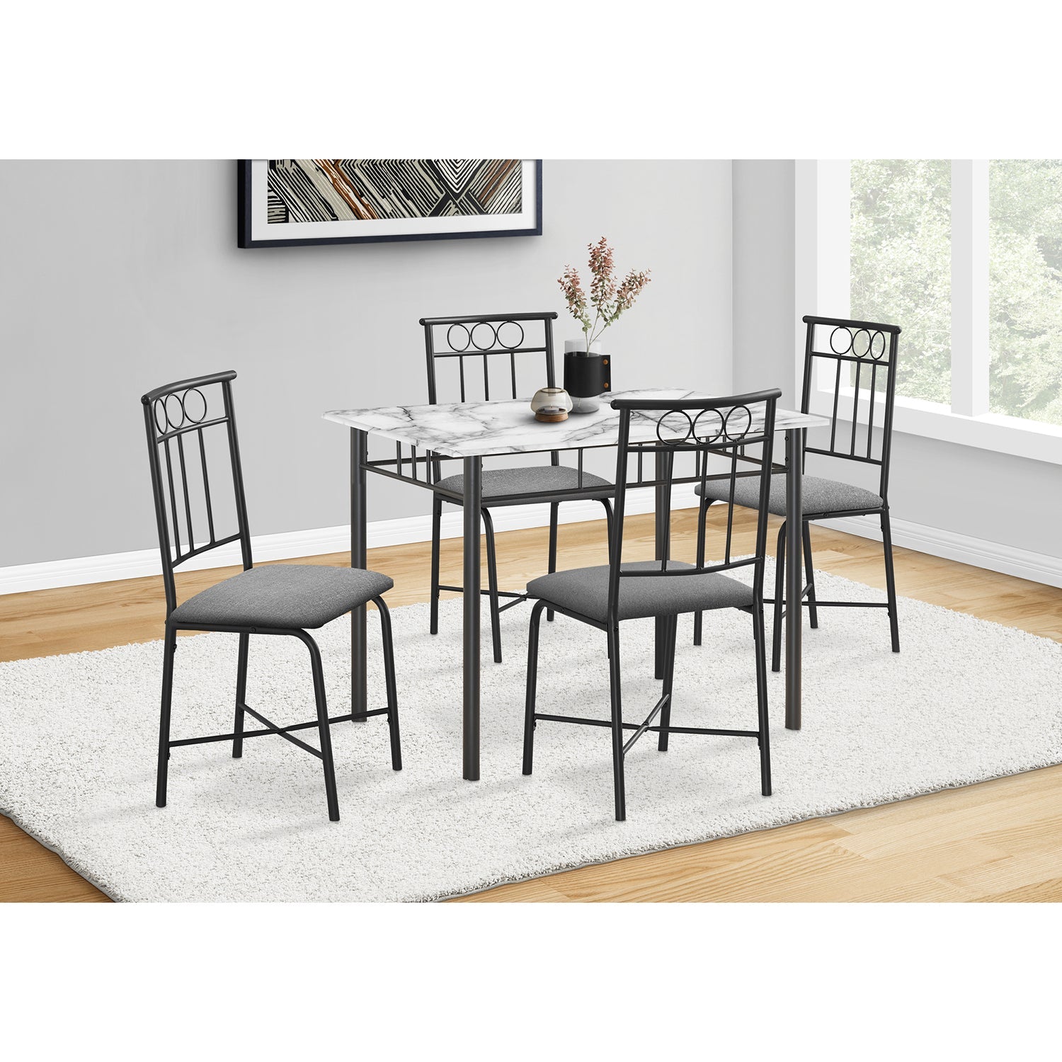 Monarch Specialties I 1014 - Ensemble De Table À Manger, 5pcs Ensemble, Petit, 40" Rectangulaire, Cuisine, Stratifié Aspect Marbre Blanc, Métal Noir, Contemporain, Moderne - Simple Boutique