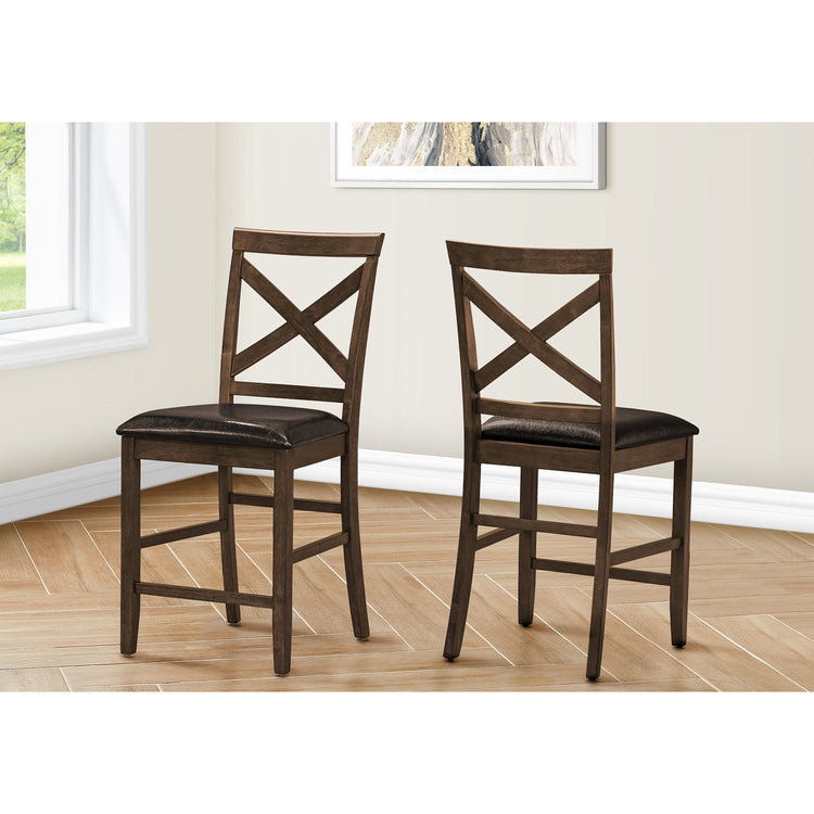 Monarch Specialties I 1388 - Chaise De Salle À Manger, 44" Hauteur, Ensemble De 2, Coté, Rembourré, Hauteur Du Comptoir, Salle À Manger, Cuisine, Noyer Foncé, Aspect Cuir Brun, Transitionnel - Simple Boutique