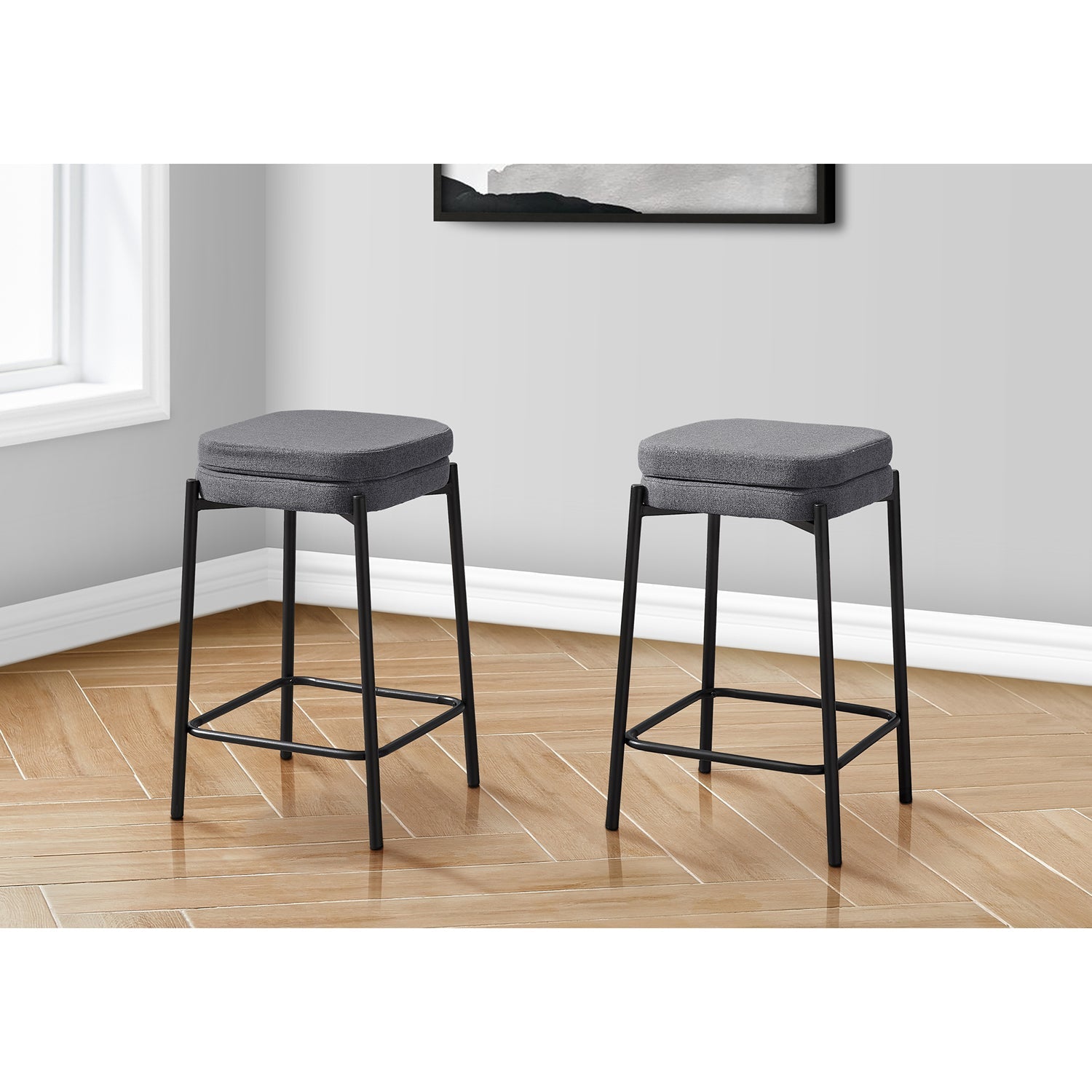 Monarch Specialties I 2226 - Tabouret De Bar, Hauteur Du Comptoir, Ensemble De 2, Cuisine, Tissu Gris, Métal Noir, Contemporain, Moderne - Simple Boutique