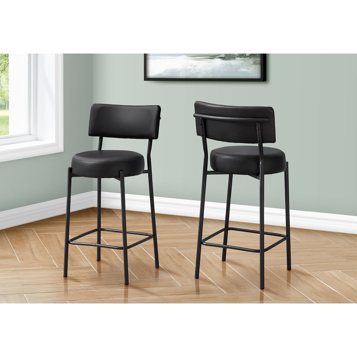 Monarch Specialties I 2245 - Tabouret De Bar, Hauteur Du Comptoir, Ensemble De 2, Cuisine, Aspect Cuir Noir, Métal Noir, Contemporain, Moderne - Simple Boutique
