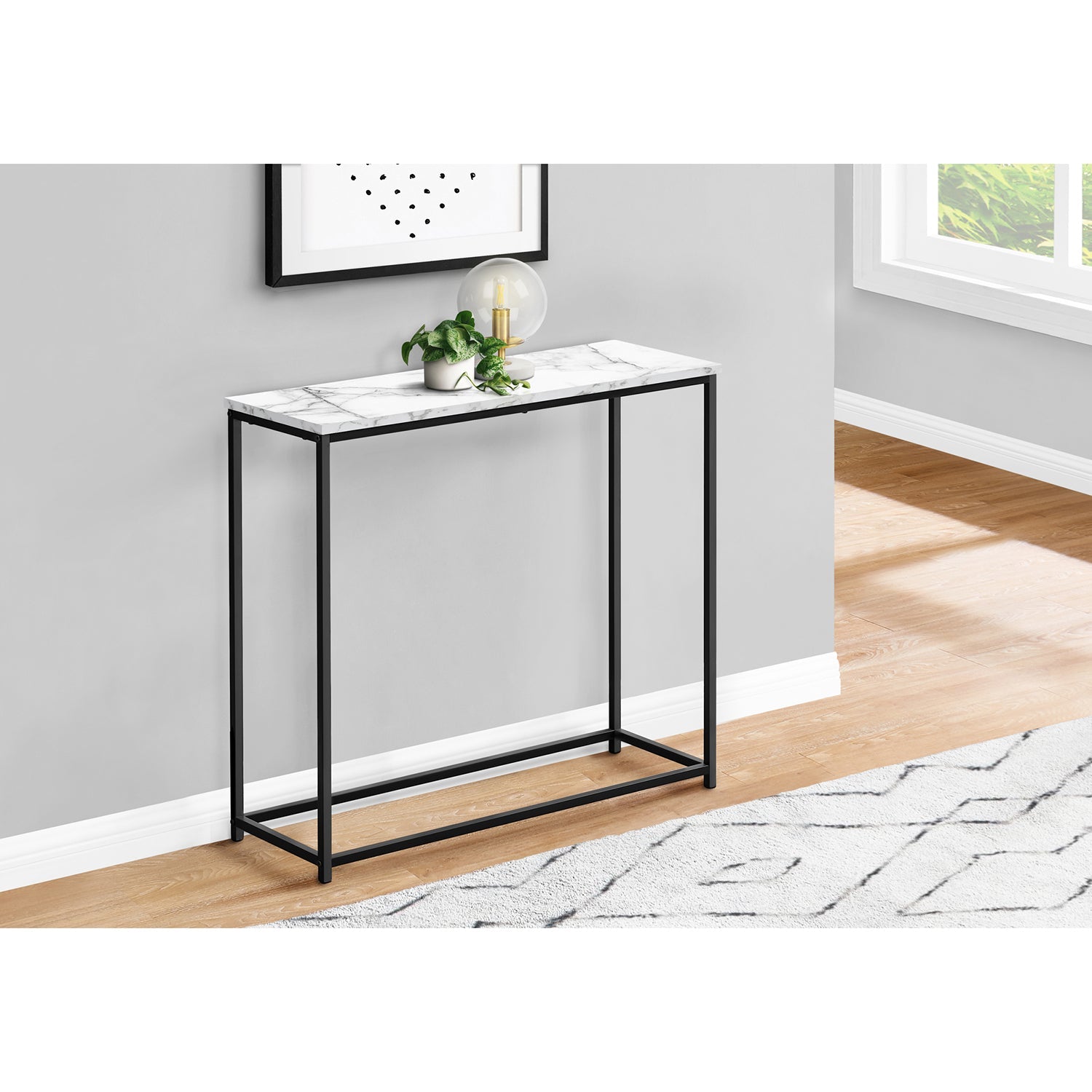 Monarch Specialties I 2255 - Table D'appoint, Console, Entrée, Étroit, Sofa, Salon, Chambre À Coucher, Stratifié Aspect Marbre Blanc, Métal Noir, Contemporain, Moderne - Simple Boutique