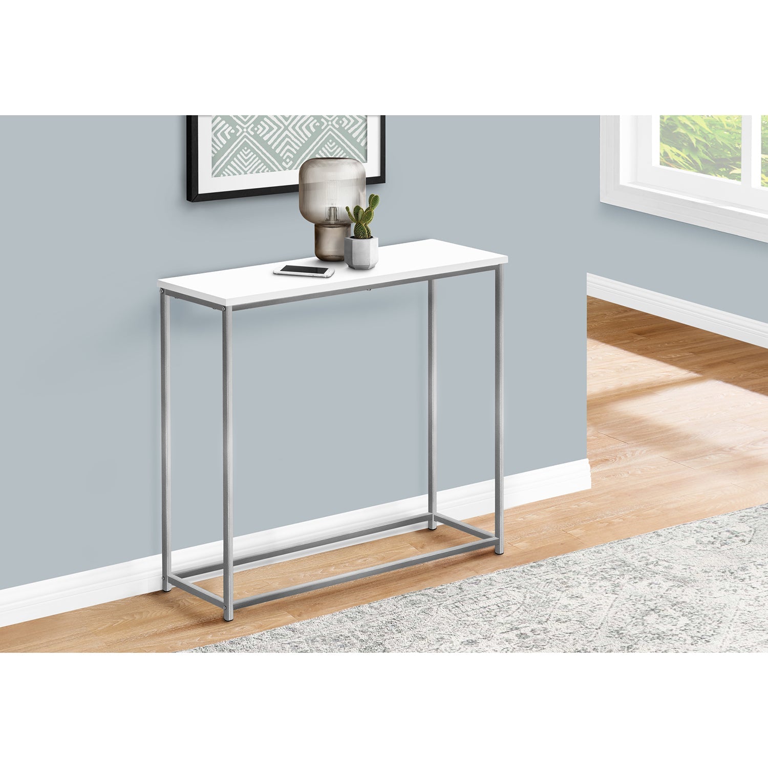 Monarch Specialties I 2256 - Table D'appoint, Console, Entrée, Étroit, Sofa, Salon, Chambre À Coucher, Laminé Blanc, Métal Gris, Contemporain, Moderne - Simple Boutique