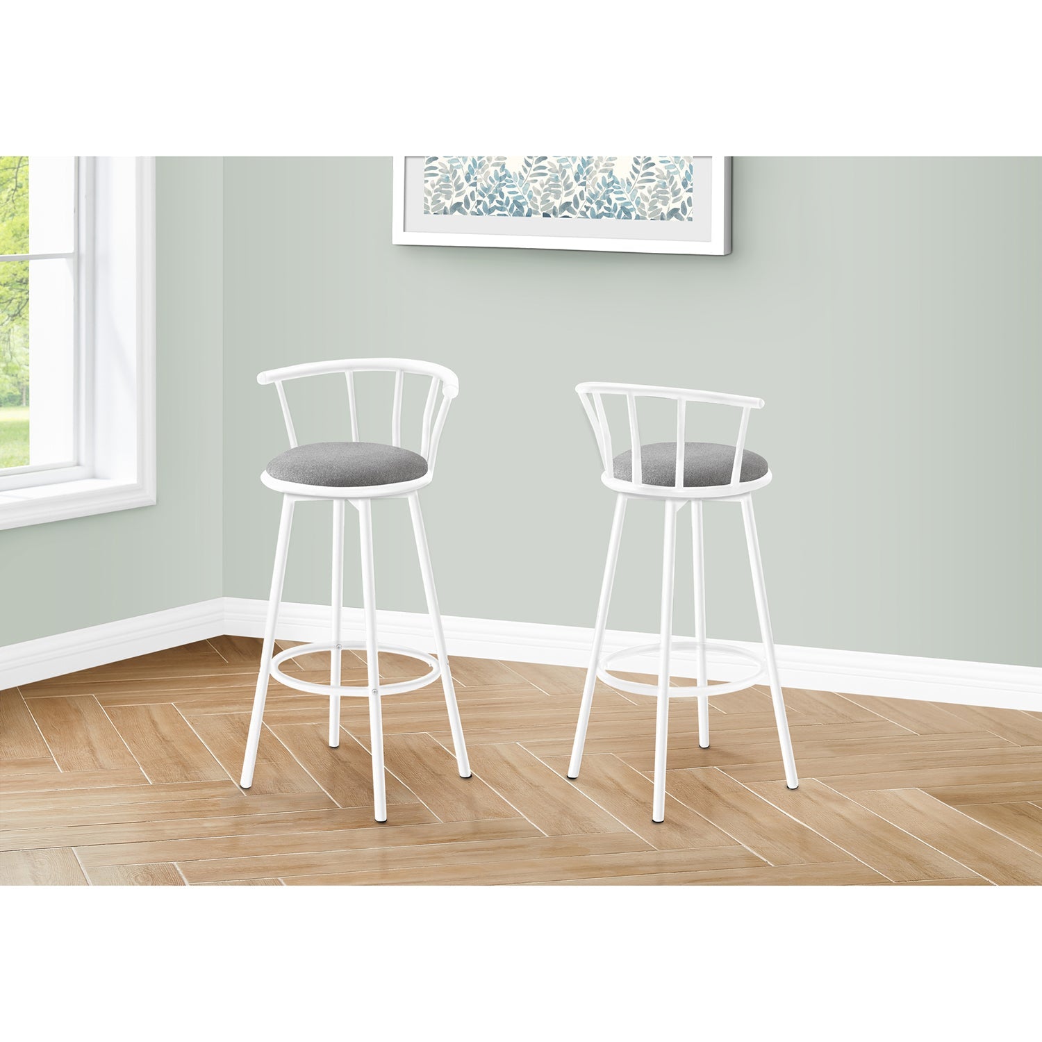 Monarch Specialties I 2397 - Tabouret De Bar, Lot De 2, Pivotant, Hauteur Bar, Métal Blanc, Look En Cuir Gris, Contemporain, Moderne - Simple Boutique